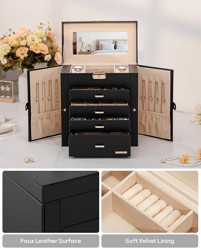 Homde Synthetic Leather Huge Jewelry Box Mirrored Watch Organizer Necklace Ring Earring Storage Lockable Gift Case (Black + G