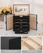 Homde Synthetic Leather Huge Jewelry Box Mirrored Watch Organizer Necklace Ring Earring Storage Lockable Gift Case (Black + G