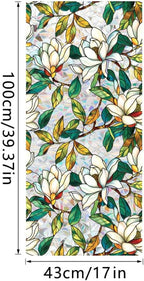 Retro Flower Window Privacy Film,Stained Glass Decals White Mangnolia Privacy Rainbow Decals Living Room Sun Blocking Decor Removable Static Cling Stickers,16.93x39.37inch
