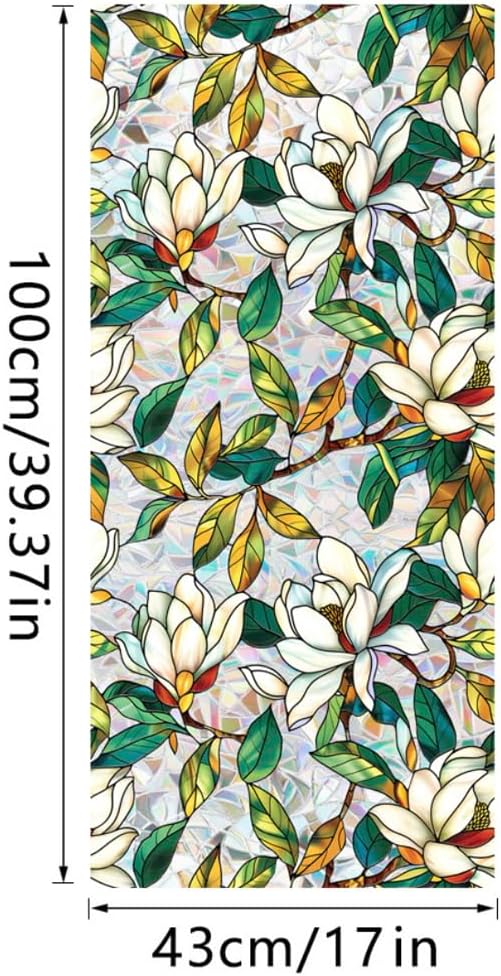 Retro Flower Window Privacy Film,Stained Glass Decals White Mangnolia Privacy Rainbow Decals Living Room Sun Blocking Decor Removable Static Cling Stickers,16.93x39.37inch
