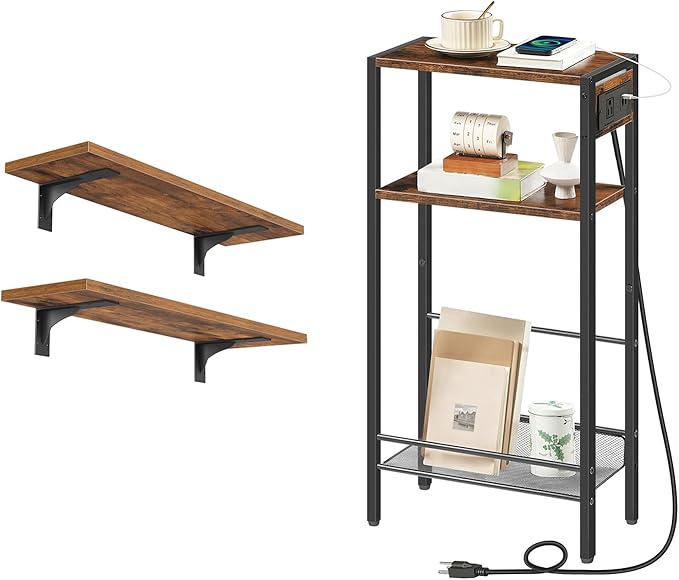 HOOBRO Floating Shelves and Console Table Bundle, 15.4" Wall Mounted Shelves Set of 2, 15.7" Narrow Entryway Table with Charg