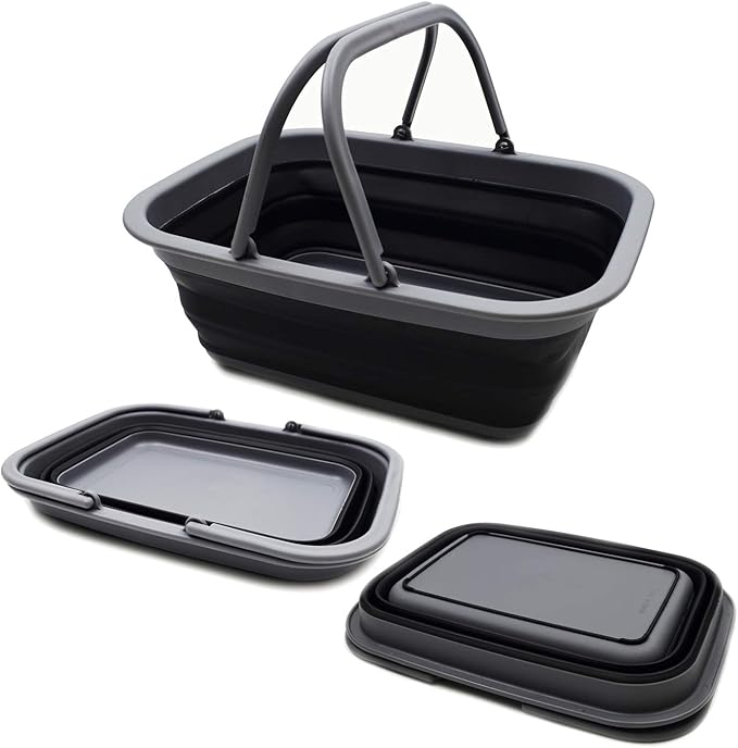 SAMMART SAMMART 9.2L (2.37Gallon) Collapsible Tub with Handle - Portable Outdoor Picnic Basket/Crater - Foldable Shopping Bag - Space Saving Storage Container (1, Grey/Black)