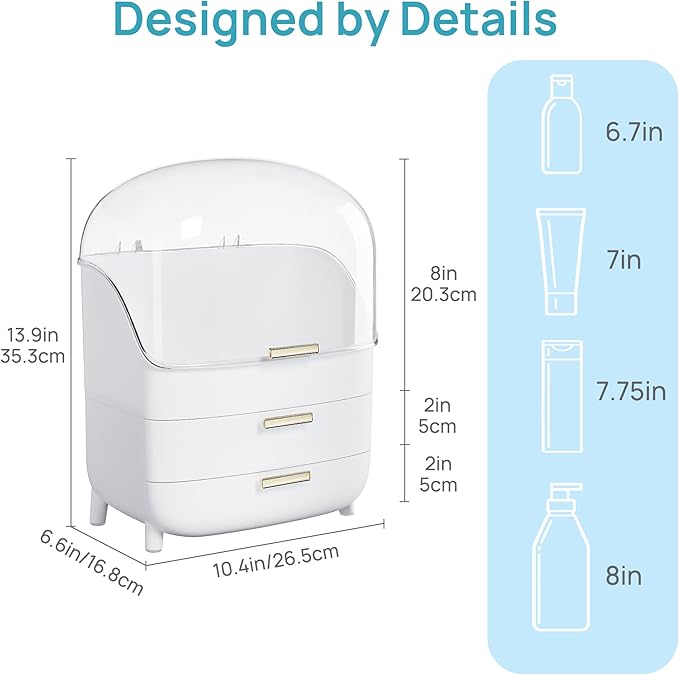 Vtopmart 3-Tier Skincare Makeup Organizer with Drawers and Lid for Vanity and Bathroom Countertop, Large Cosmetic Storage Box