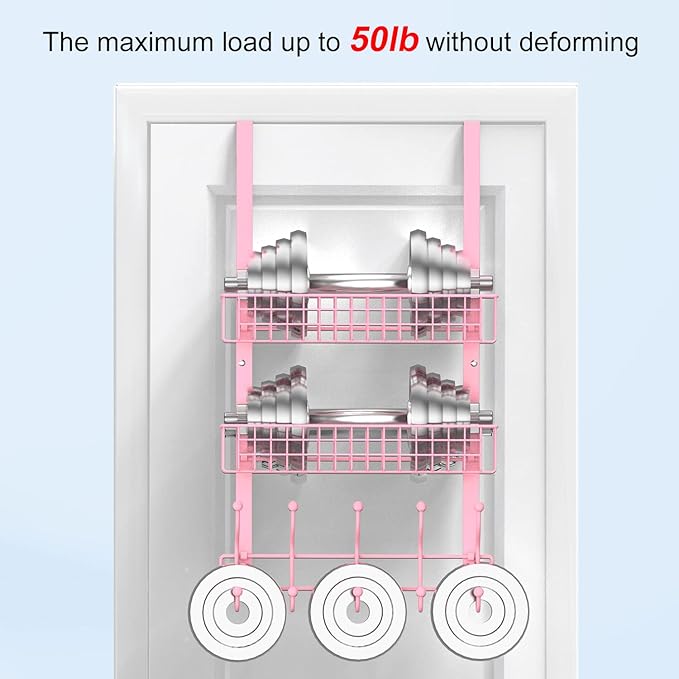 Coat Rack, Over The Door Hanger with Mesh Basket, Detachable Storage Shelf for Towels, Hats, Handbags, Coats (Pink-2 Baskets)
