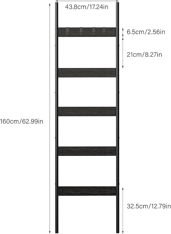 Blanket Ladder, 5-Tier Towel Holder with 4 Removable Hooks, Farmhouse Wall Leaning Decorative Rack Shelf, Wooden Towel Displa