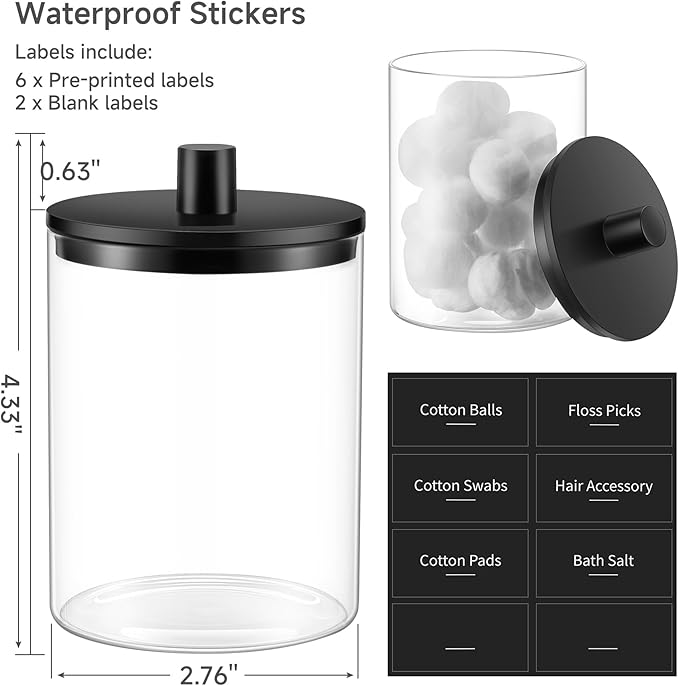 TIPGO Glass Qtip Holder Dispenser - 10 oz Clear Canister Apothecary Jar, Bathroom Vanity Storage Organizer Set for Cotton Swa