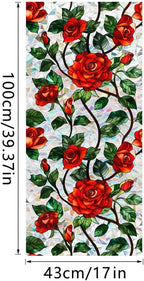 Retro Flower Window Privacy Film,Stained Glass Decals Chinese Red Rose Privacy Rainbow Decals Living Room Sun Blocking Decor Removable Static Cling Stickers,16.93x39.37inch