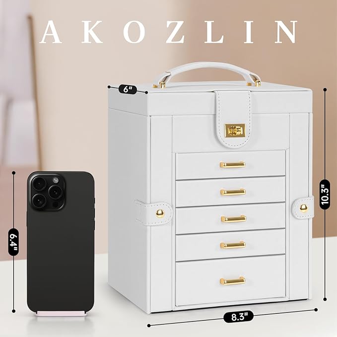 AKOZLIN Functional 6-Tier Jewelry Box Organizer with 5 Drawers Leather Jewelry Storage Case for Women Girls Ring Necklace Ear