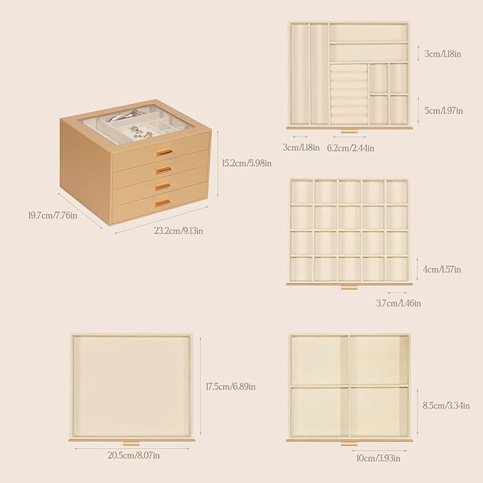 Jewelry Box with Glass Lid, 4-Layer Jewelry Organizer for Women Girls, PU Leather Display Case with 20-Grid Earring Tray & Mo