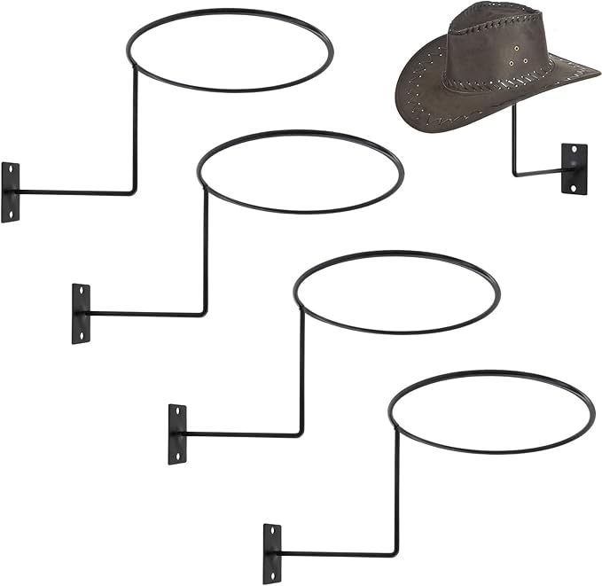 TiciKim Pack of 4 Metal Hat Holder Wall Mounted Cowboy Hat Rack Hat Hanger for Wall Display, Cowboy Hat Holder Organizer Mult