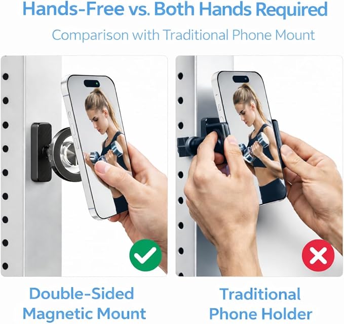 LEPHYON Magnetic Phone Holder for Gym, Ultra Strong Magnet Phone Mount for Exercise Equipment, Compatible with iPhone Samsung All Cell Phones, Adjustable 360° Rotation, No-Slip Workout Accessory