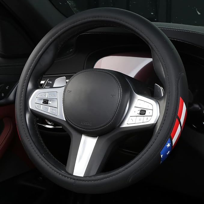 Microfiber Leather Steering Wheel Covers Compatible with Toyota 4Runner Tacoma Tundra Highlander Non-Slip, Breathable 15-16.5 inch - American Flag