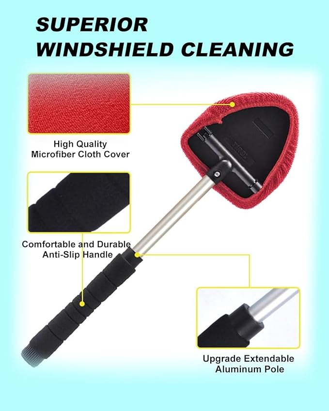 AutoEC Windshield Cleaner Tool, Car Inside Windshield Cleaner Tool，Inside Car Window Cleaning Tool Kit, Window Glass Wiper Kit Comes with 4 Washable & Reusable Microfiber Pads, 2 Wet and 2 Dry Use