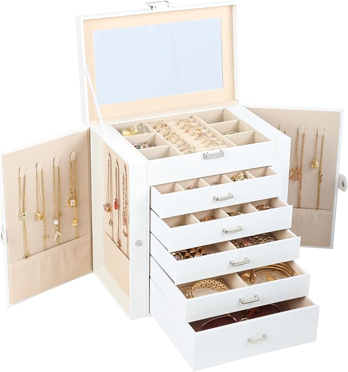 BOOVO Jewelry Box For women, 6 Layer Large Jewelry Organizer With Mirror, Multi-Function Storage Box With Lock, Necklace Hold
