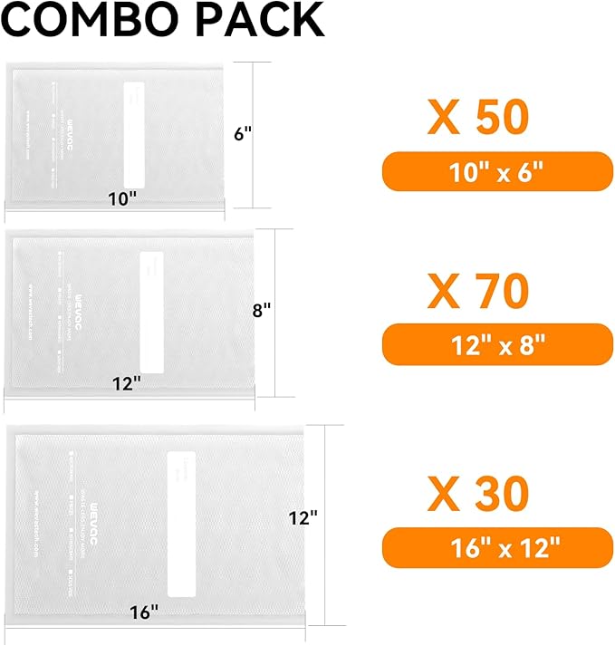 Wevac 6" x 10", 8" x 12" and 11" x 16", 150 Count, Vacuum Sealer Bags for Food Saver, Seal a Meal, Weston, Commercial Grade, 