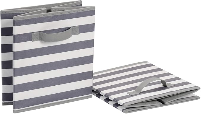 Amazon Basics Collapsible Fabric Storage Bins with Handles, Cube Organizer for Organizing, 13"x13"x13", White/Light Grey Stri
