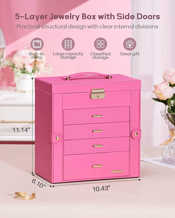 Homde Synthetic Leather Huge Jewelry Box Mirrored Watch Organizer Necklace Ring Earring Storage Lockable Gift Case (Pink + Go