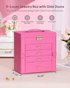 Homde Synthetic Leather Huge Jewelry Box Mirrored Watch Organizer Necklace Ring Earring Storage Lockable Gift Case (Pink + Go