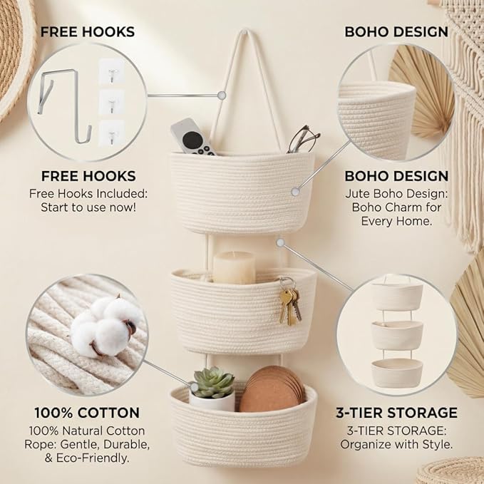 Hanging Wall Basket, Over the Door Hanging Basket with Hooks for Storage, Organizing, Decorative Boho Decor for Nursery, Bedr