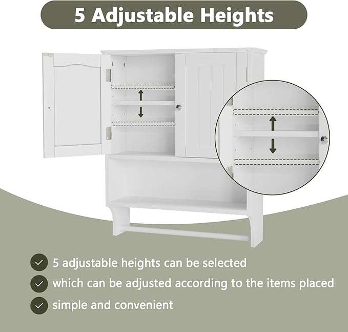 Smuxee White Bathroom Cabinet Wall Mounted with Towels Bar, Bathroom Medicine Cabinet with 2 Door Adjustable Shelves, Over To