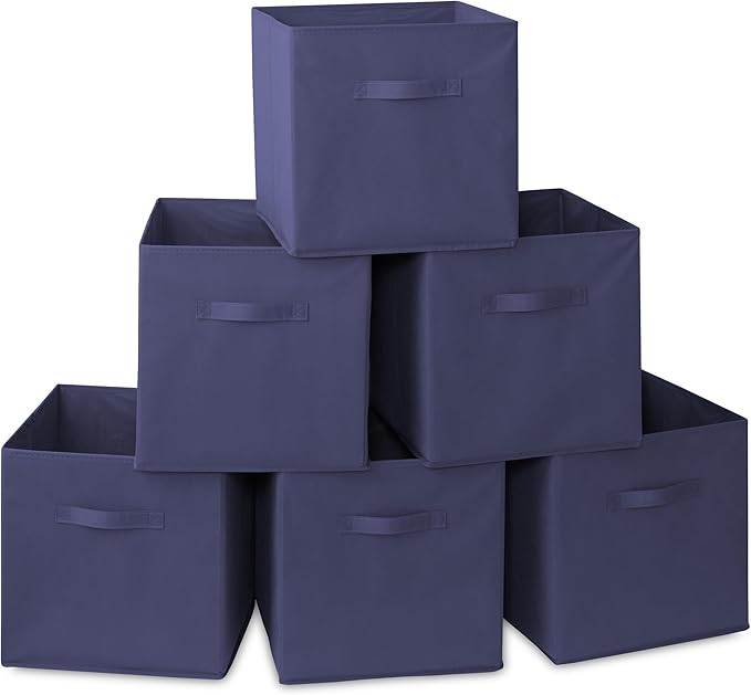 Casafield Set of 6 Collapsible Fabric Cube Storage Bins, Navy Blue - 13" Foldable Cloth Baskets for Shelves, Cubby Organizers