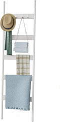 Blanket Ladder, 5-Tier Towel Holder with 4 Removable Hooks, Farmhouse Wall Leaning Decorative Rack Shelf, Wooden Towel Displa