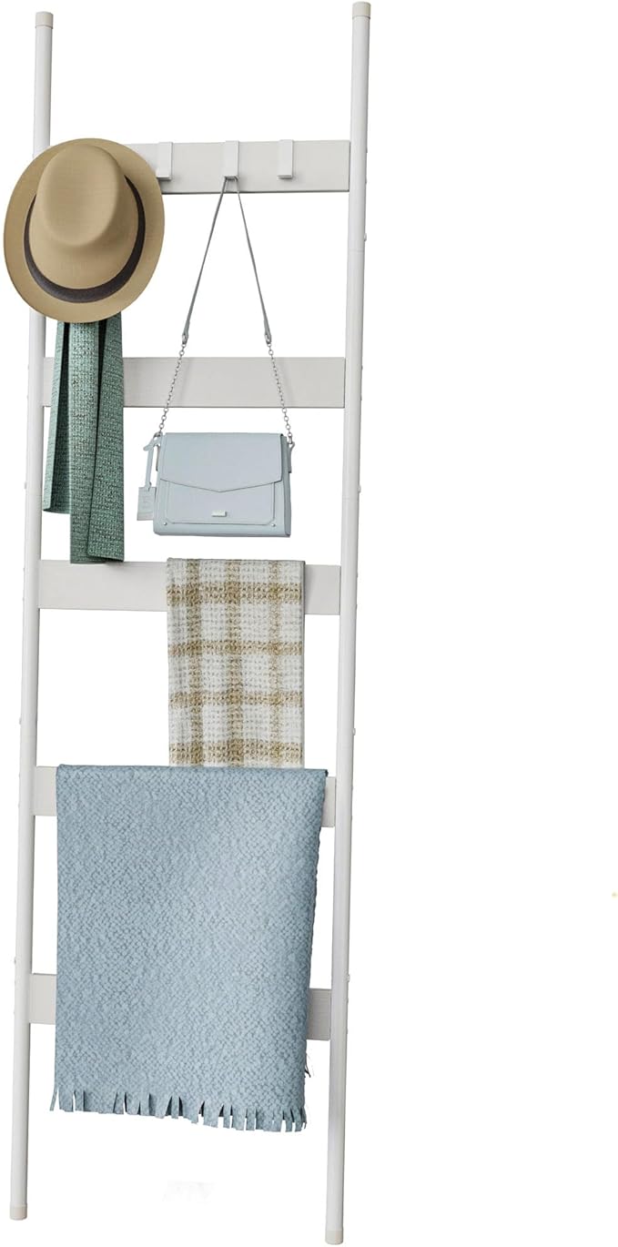 Blanket Ladder, 5-Tier Towel Holder with 4 Removable Hooks, Farmhouse Wall Leaning Decorative Rack Shelf, Wooden Towel Displa