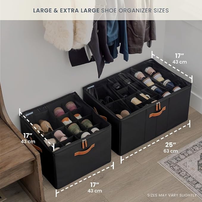 OrganiHaus Large Shoe Storage Bin for Closet, Shoe Organizer Box Fits up to 16 Pairs, Collapsible Fabric Shoe Basket w/Clear 