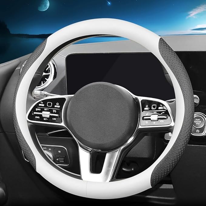 HAOTULE New Nappa Leather car Steering Wheel Cover, Universal 15 inch (White and Black)