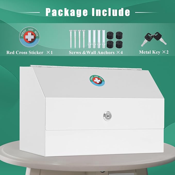 KYODOLED Wall Mount Medicine Lock Box, Drug Cabinet with Key, Large Capacity Secure Steel Prescription, First Aid Kit for Eme