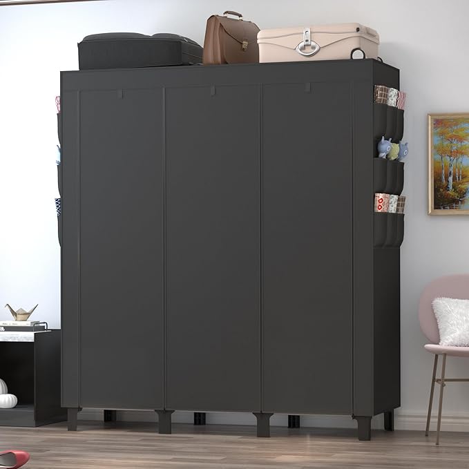 Portable Wardrobe with 10 Storage Racks and 2 Hanging Poles 6 Side Pockets Fleece Cover, Size 130 x 45 x 172 cm, Bedroom Clos