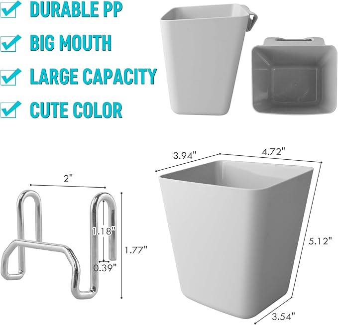 G.CORE Large Grid Wall Bins - 6Pack Gray Gridwall Accessories Hanging Cups with Back Hooks - Plastic Grid Wall Panels Organiz