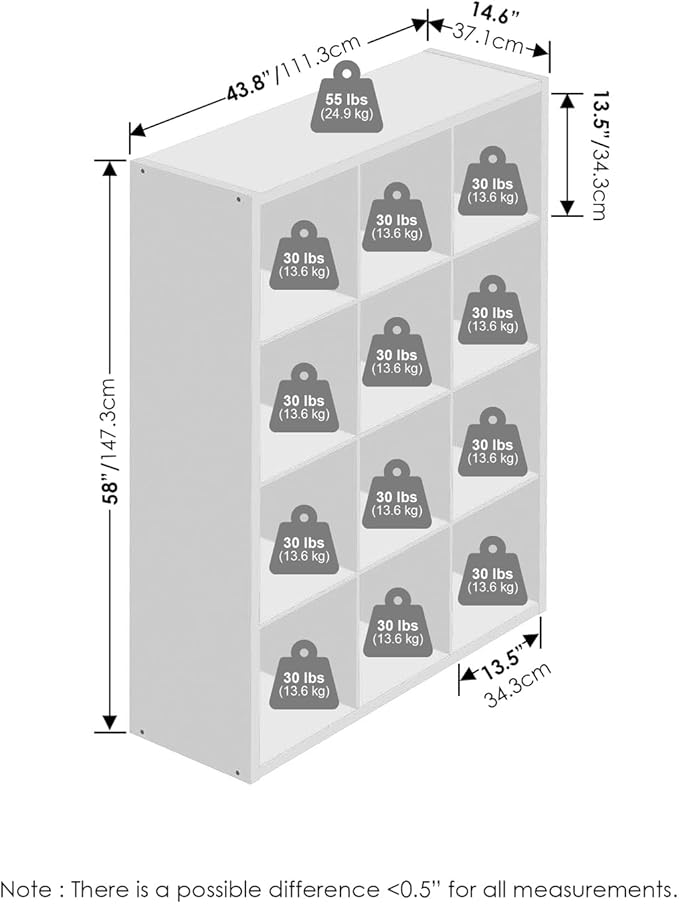 Furinno Simple Cube Storage Organizer, 12-Cube Display Shelf, Open Back Shelving Unit, Storage Shelves, Extra Thick Frame, fo