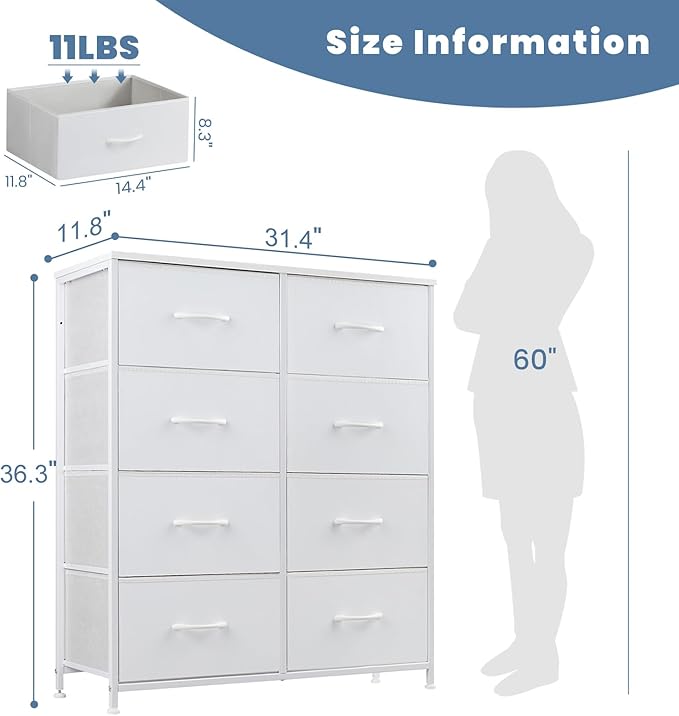 DUMOS Dresser for Bedroom with 8 Fabric Drawers, Tall Chest Organizer Units for Clothing, Closet, Kidsroom, Storage Tower wit