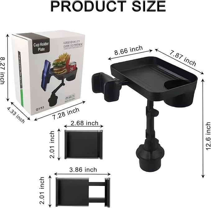 Car Cup Holder Tray, 10 Inch 3 in 1 Detachable Car Food Tray with 360° Rotating Phone Holder, Cup Holder Expander Adapter Fits Yeti Hydro Flask 16-46 oz, Road Trip Car Essentials
