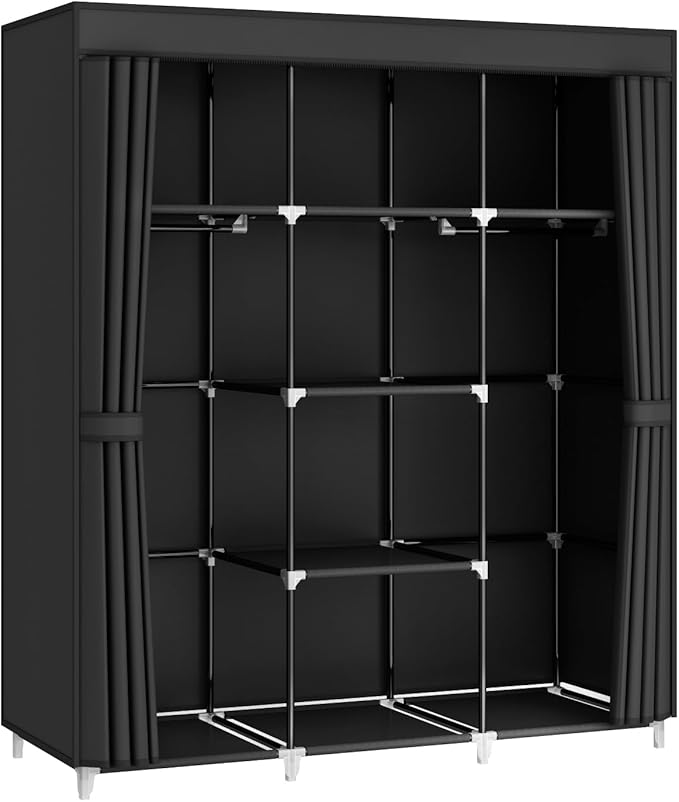 MOGELAFOO Portable Closet Wardrobe, 51-Inch Clothes Organizer with 2 Hanging Rods and 8 Shelves, Non-Woven Fabric Cover, Medi