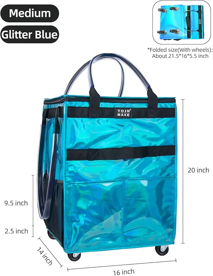 Reusable Grocery Bag On Wheels, Shopping Trolley, Rolling Tote with 8 Pockets and Zipper Cover, Foldable, Heavy Duty Handles, Carries Up to 46 LBS (Medium, Glitter Blue)
