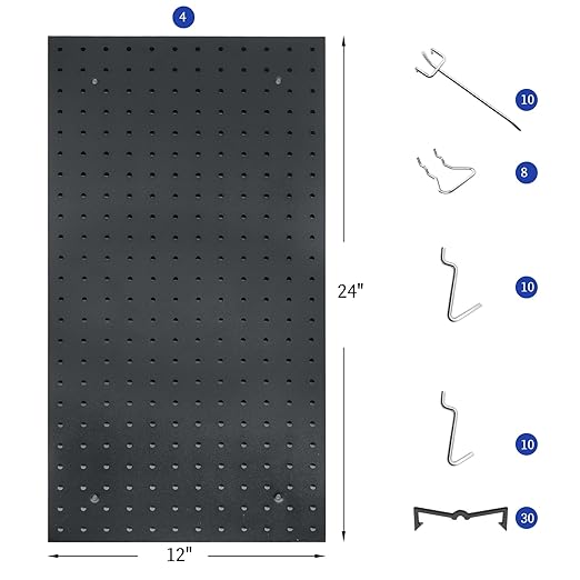 Peg Board Wall Organizer, Black Metal Pegboard Organizer, 2 Metal Pegboard Panels(12"x24") with 68 Accessories, Wall Mount La