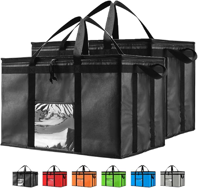 NZ home Insulated Bags for Food Delivery (3XL) Grocery Shopping Cooler Bag, Pizza Delivery, Hot & Cold Catering Tote, Reusable, Foldable & Heavy Duty (2 Pack, Black)