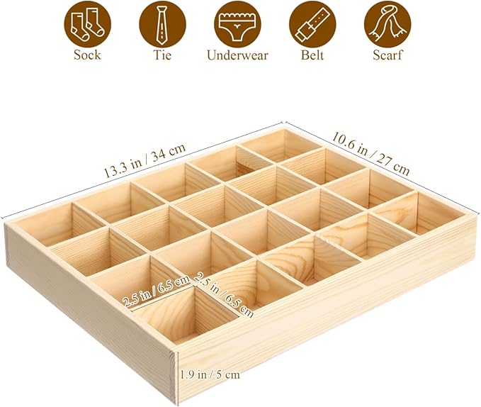Amosfun Wooden Storage Divider Box with 20 Compartments Showcase Display Box for Keys Socks Ties Watches Small Jewelry Items 
