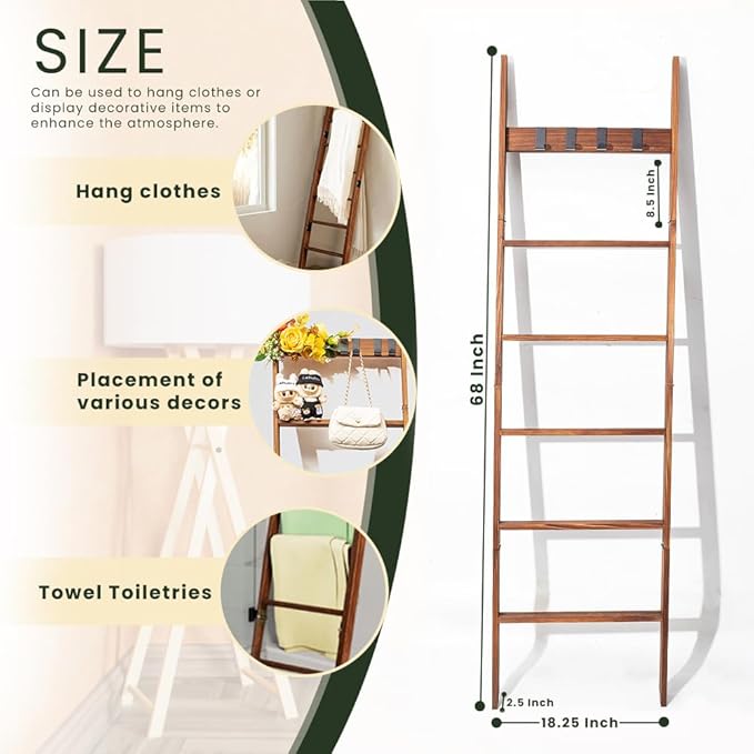 Decorative Wooden Blanket Ladder with Removable Hooks for The Living Room & Bedroom, Pine Wood, Easy Assembly 6-Tier Wall Lea