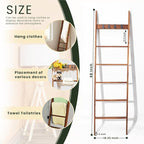 Decorative Wooden Blanket Ladder with Removable Hooks for The Living Room & Bedroom, Pine Wood, Easy Assembly 6-Tier Wall Lea