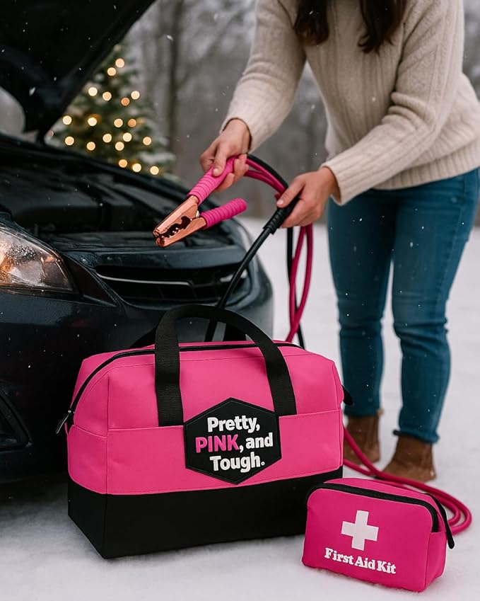 Pretty Pink Roadside Kit - Pink Emergency Kit for Teen Girls and Women - Car Accessories for Women - Durable Carry Bag with L