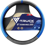 18-Inch Genuine Leather Steering Wheel Cover for Semi Trucks – Blue with Black Carbon Fiber Imitation, Heavy-Duty Non-Slip Grip, Universal Fit, Easy Installation