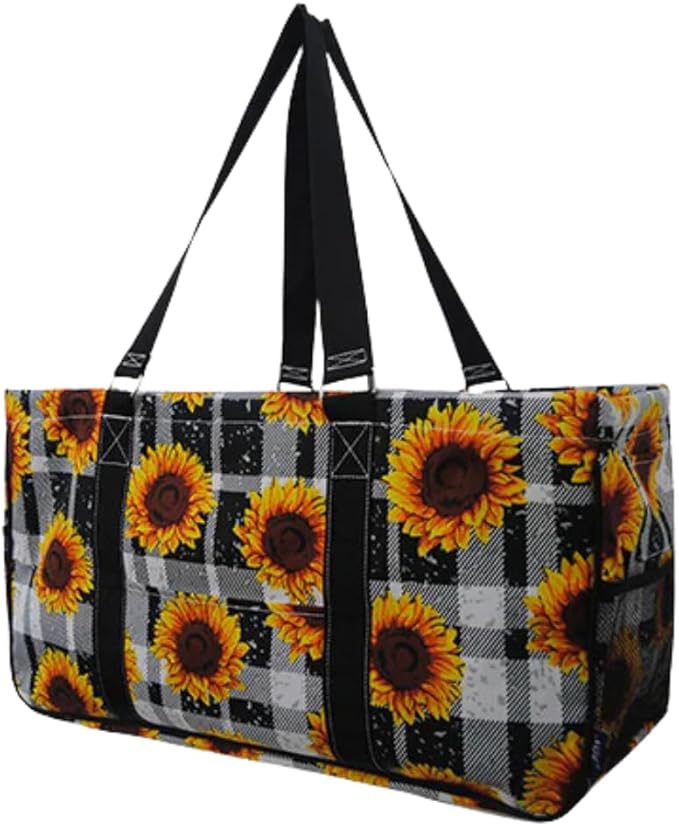NGIL Extra Large Utility Tote Reusable Grocery Bag Oversized Collapsible for Groceries, Storage, Picnic, Beach (Plaid Sunflower-black)