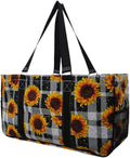 NGIL Extra Large Utility Tote Reusable Grocery Bag Oversized Collapsible for Groceries, Storage, Picnic, Beach (Plaid Sunflower-black)