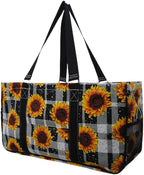 NGIL Extra Large Utility Tote Reusable Grocery Bag Oversized Collapsible for Groceries, Storage, Picnic, Beach (Plaid Sunflower-black)