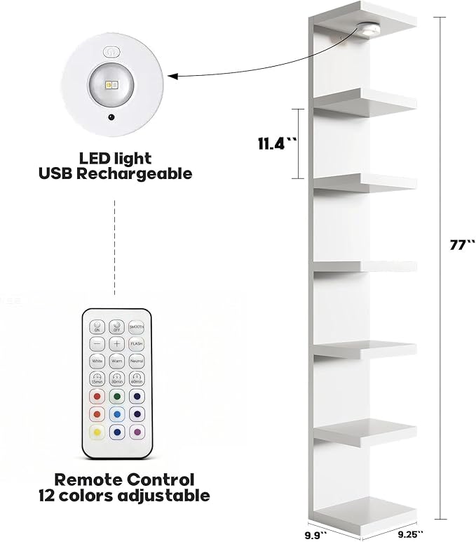 White 7-Tier Vertical Wall Shelf Unit with USB Rechargeable Led Light (Remote Controlled),Versatile Floating Display Shelves,