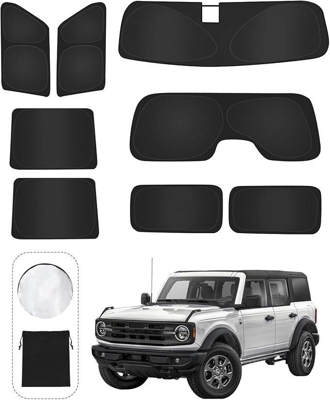 8PCS Window Shades for Ford Bronco(2021-2025) Accessories – Full Coverage Sun Shade for Side Windows, Rear Triangular & Windshield – UV Protection & Privacy for Camping, Napping, Relaxing
