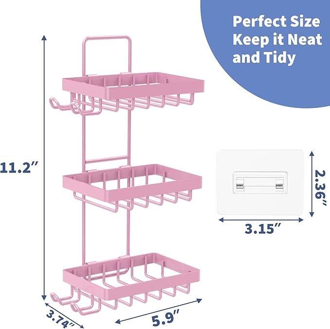 Moforoco 3 Tier Pink Soap Dish Holder for Shower Wall, No Drilling, 304 Stainless Steel, Soap Bar with 4 Hooks and Razor Hold
